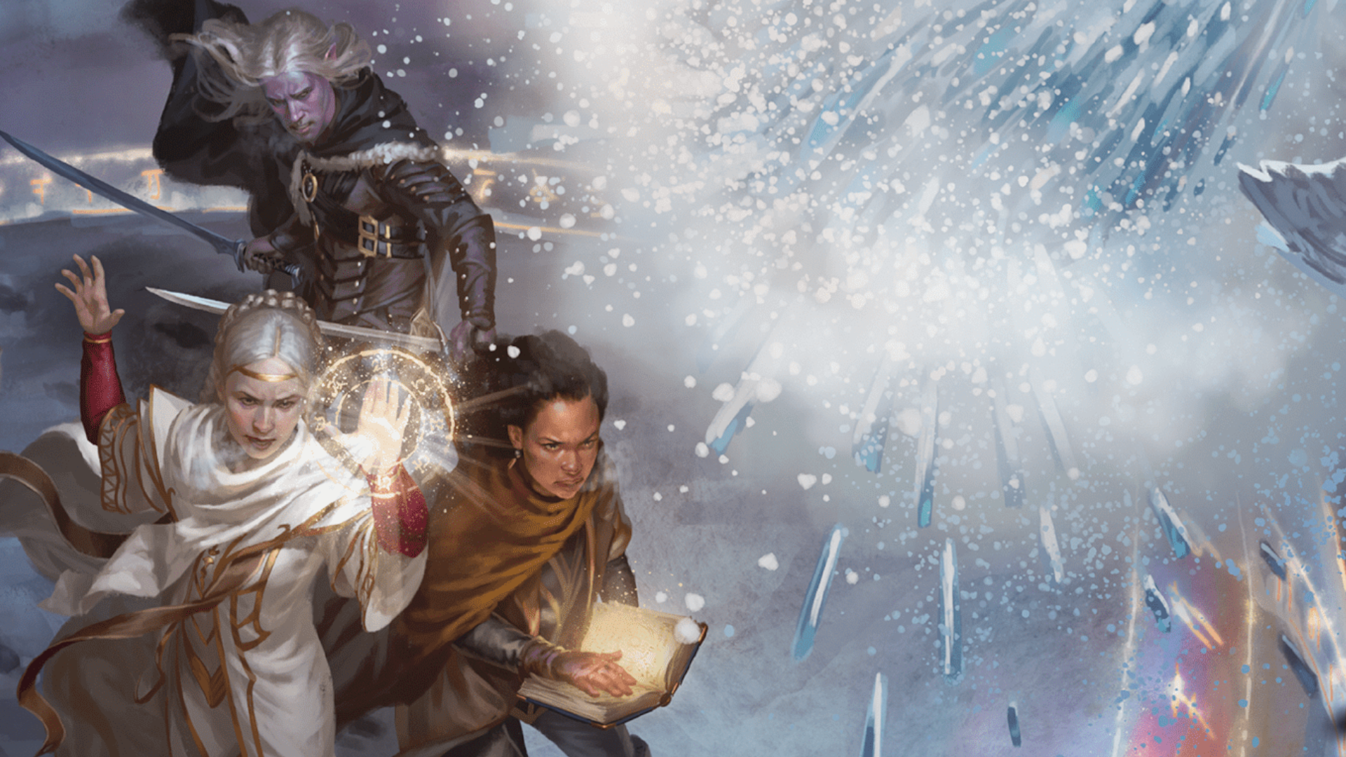 Several adventurers, including the famous Drizzt, shelter using magic from the rime breath of a white dragon in the D&D 2024 Player's Handbook.