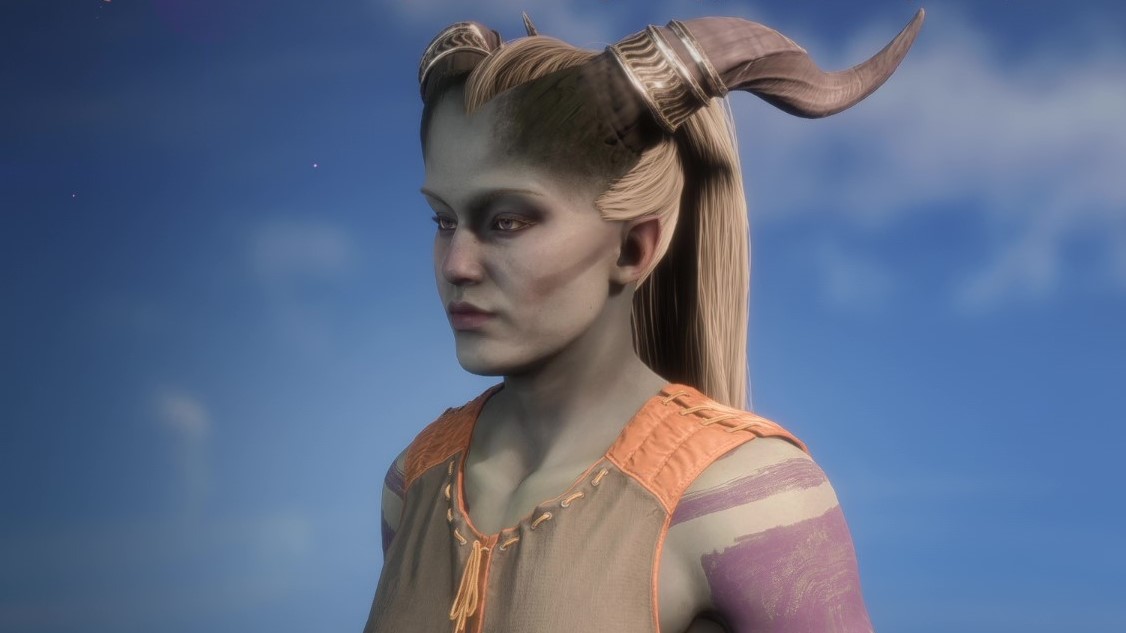 Dragon Age: The Veilguard - A qunari woman with long horns and hair in the character creator in front of a blue sky