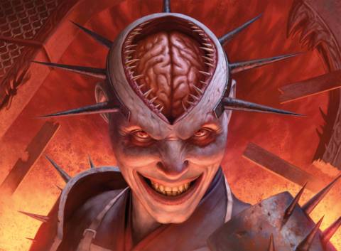 Art for the Magic: The Gathering card Disturbing Mirth shows a man with a toothy mouth opening directly over his brain.