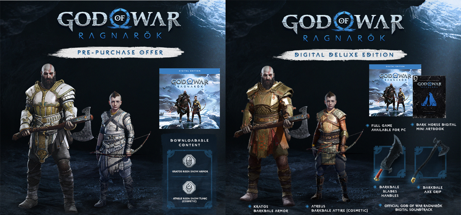 Two promotional images comparing the pre-order bonuses for the PC version of God of War Ragnarök