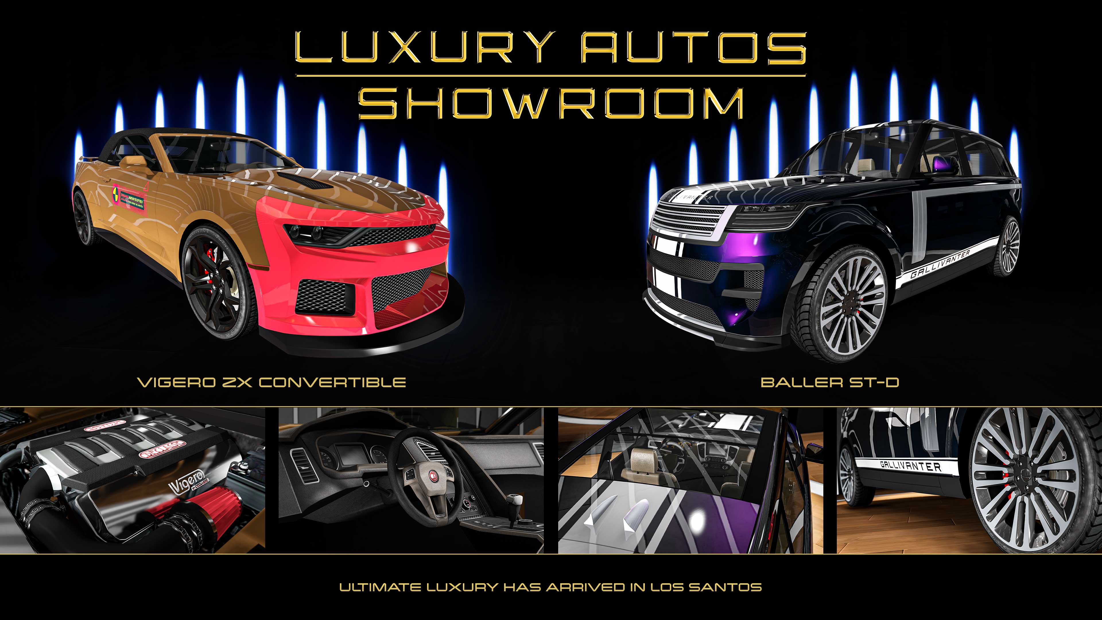 GTA Online promo art for vehicles for sale at Luxury Autos Showroom this week