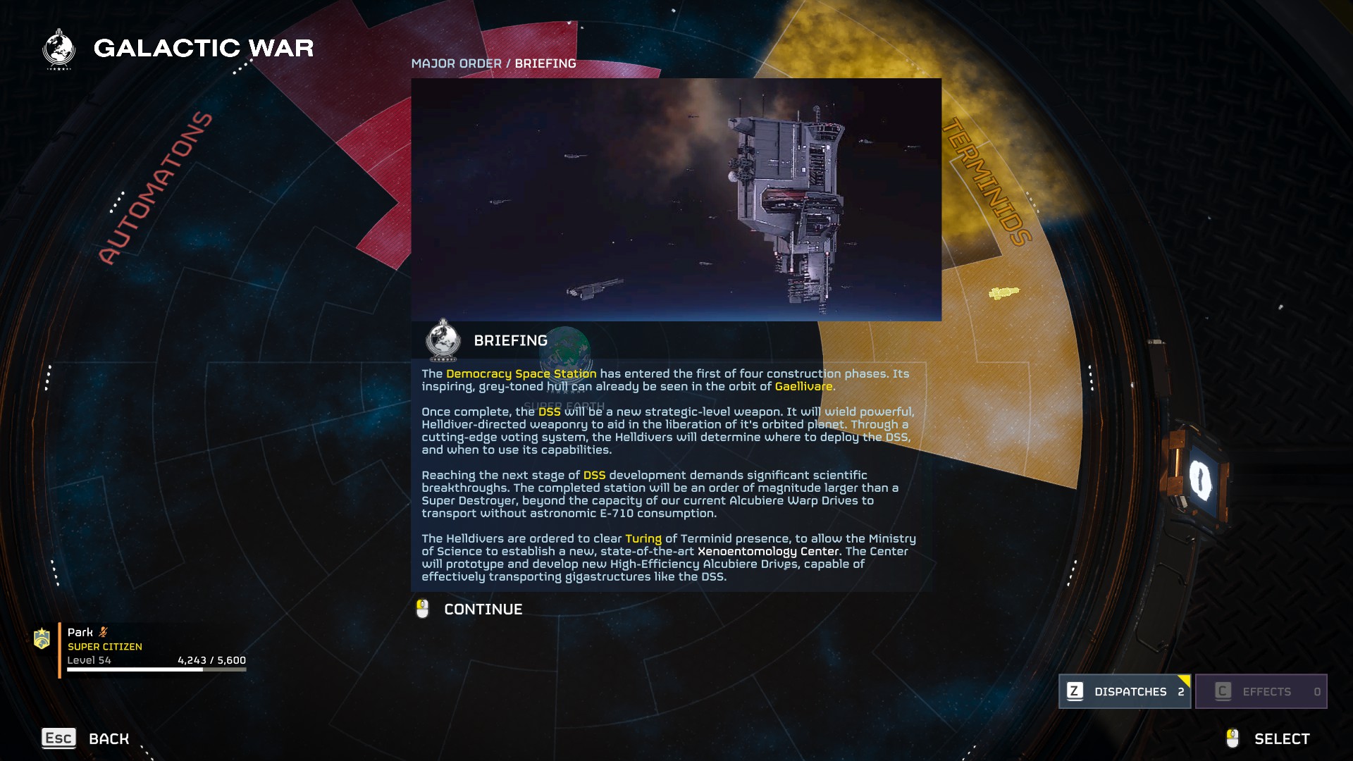 In-game briefing for the Democracy Space Station major order in Helldivers 2