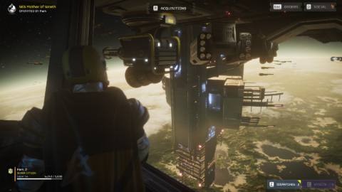 Player view of the Democracy Space Station from a ship in orbit in Helldivers 2.