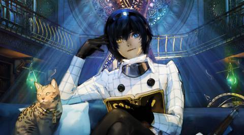 A screenshot from Atlus’ Metaphor: ReFantazio showing a character with two different colored eyes glancing up confidently while holding a book. A cheetah-patterned cat sits next to them.