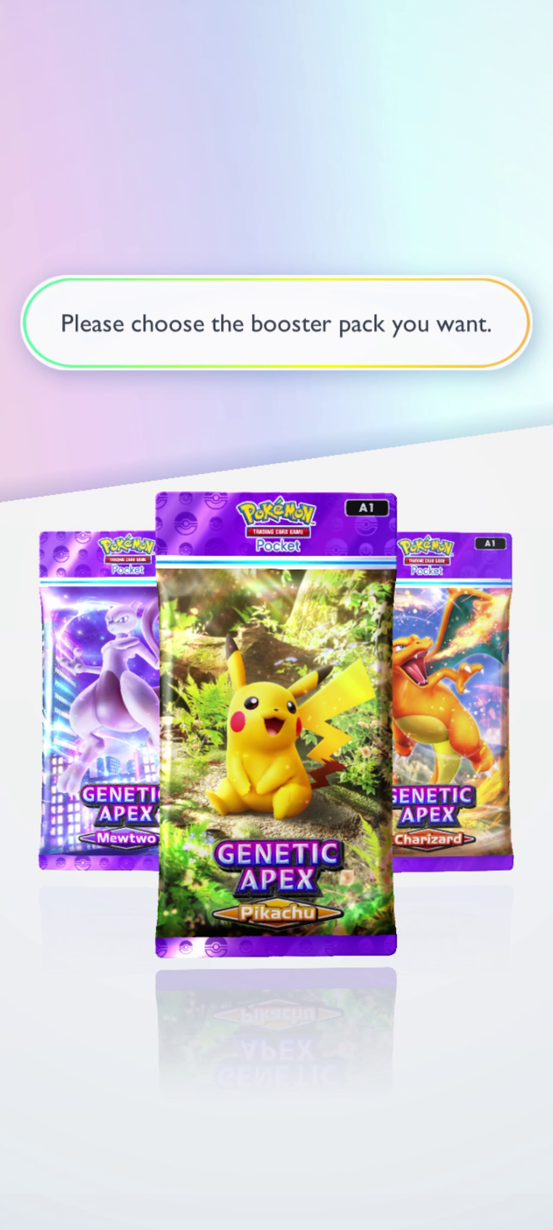 Three Pokémon card booster packs on screen. The text asks the player to choose which one they want.