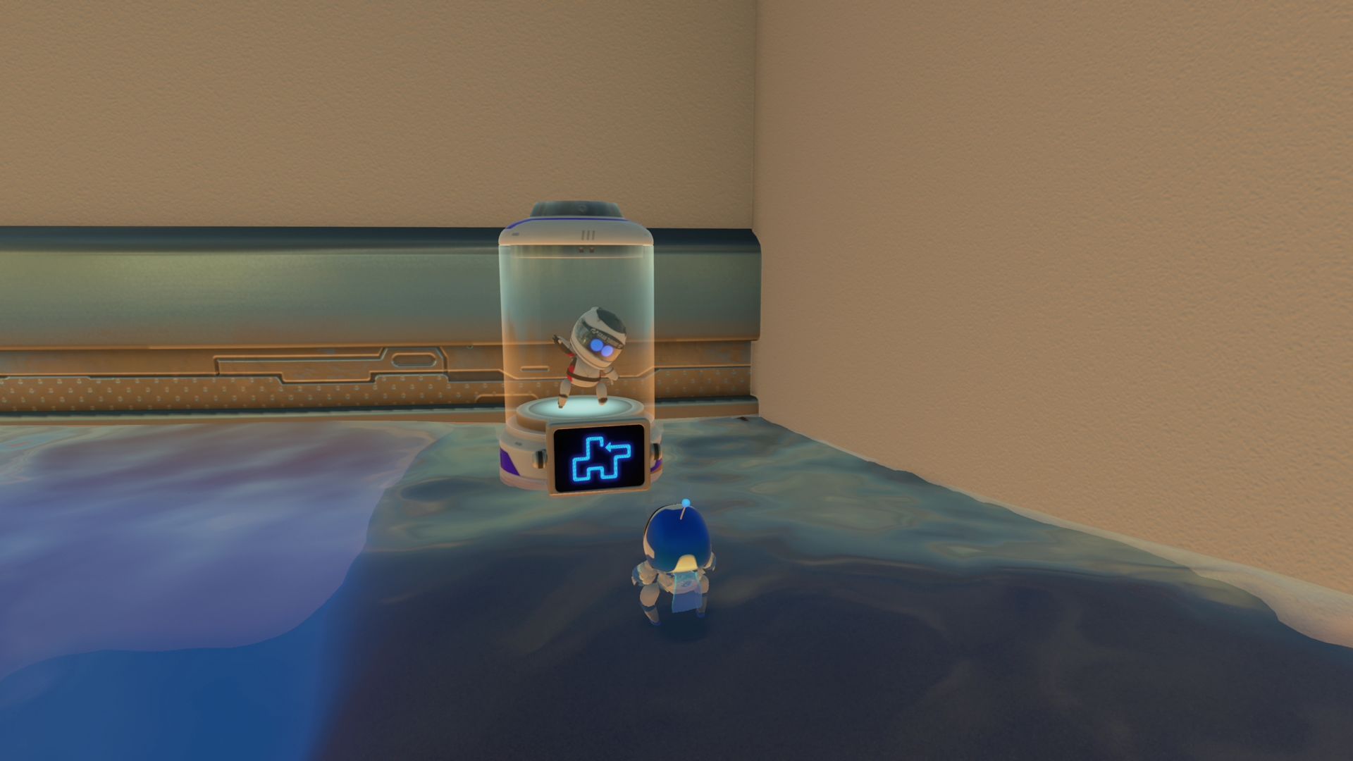 Astro approaches a bot in a glass case in Astro’s Playroom