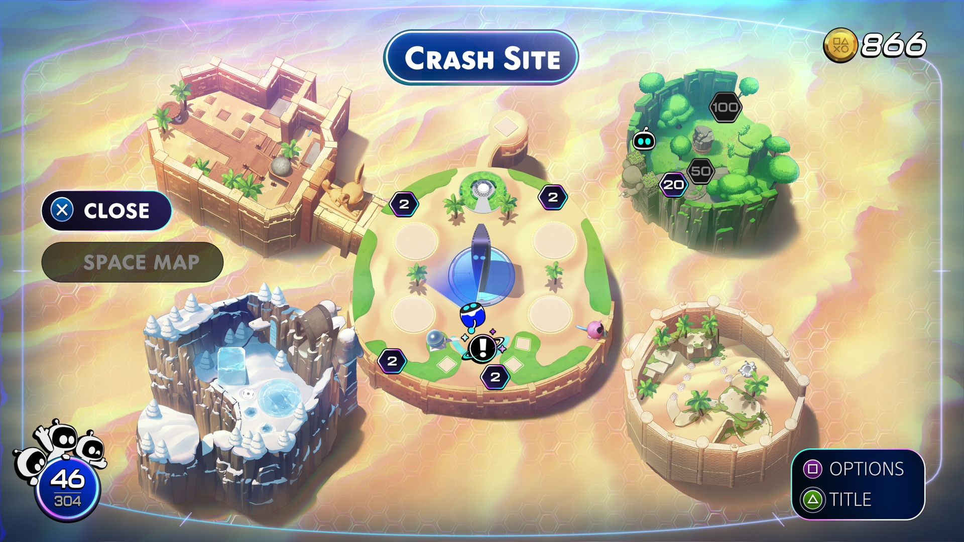 A map shows the Crash Site hub in Astro Bot