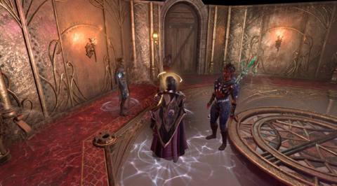 Baldur's Gate 3 screenshot of magical, baroque interior showing party gathered around player with shield visible on his back - something not possible without mods.