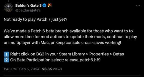 If your favorite Baldur’s Gate 3 mods don’t work with the new update yet, Larian will let you stick with the older version instead