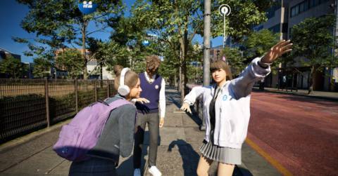 A screenshot from Inzoi shows young characters dancing on a sidewalk while wearing school clothes
