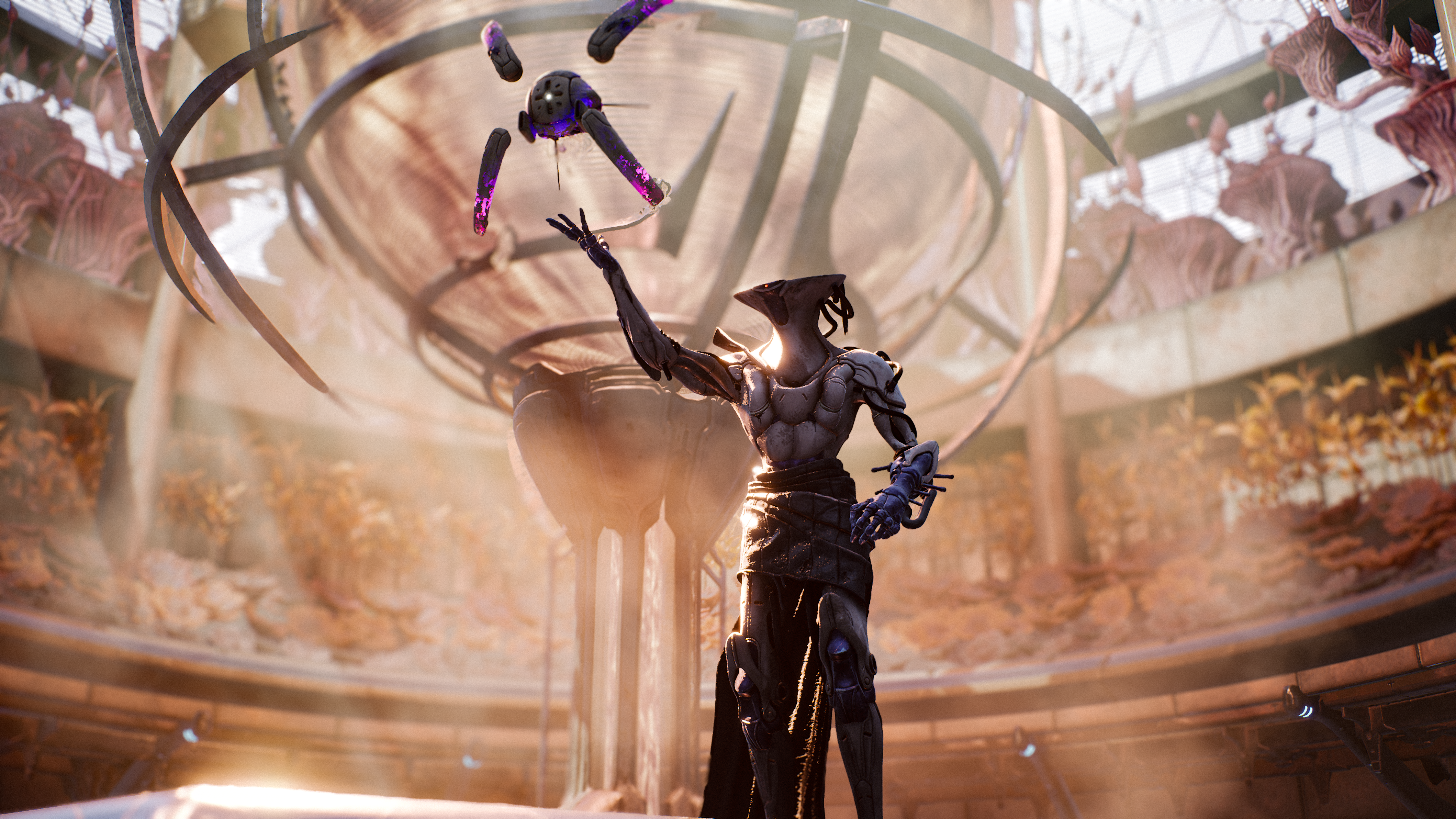 The Warden holds its cybernetic drone aloft in Remnant 2: The Dark Horizon.