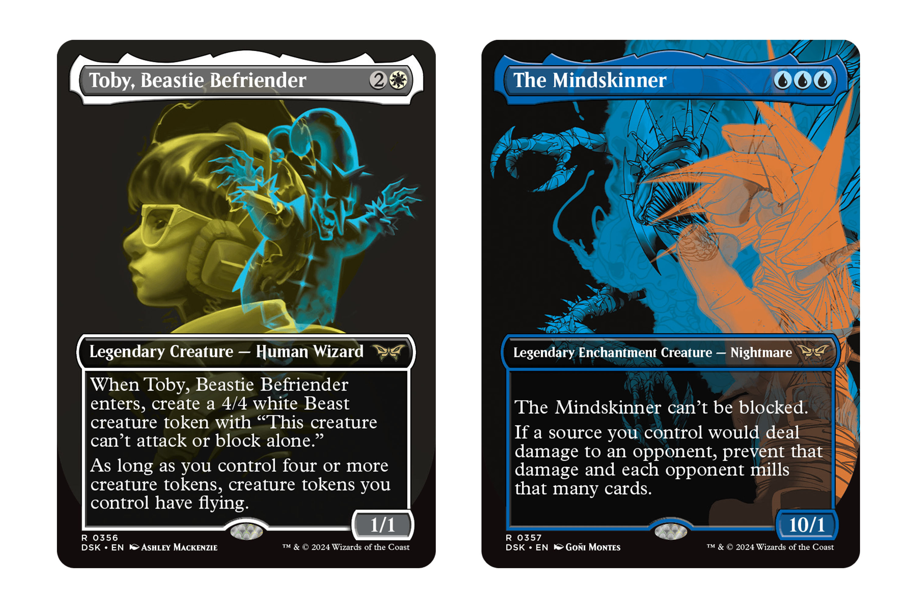 Toby, Beastie Befriender, and The Mindskinner in their Double Exposure Booster Fun treatments from Magic: The Gathering.