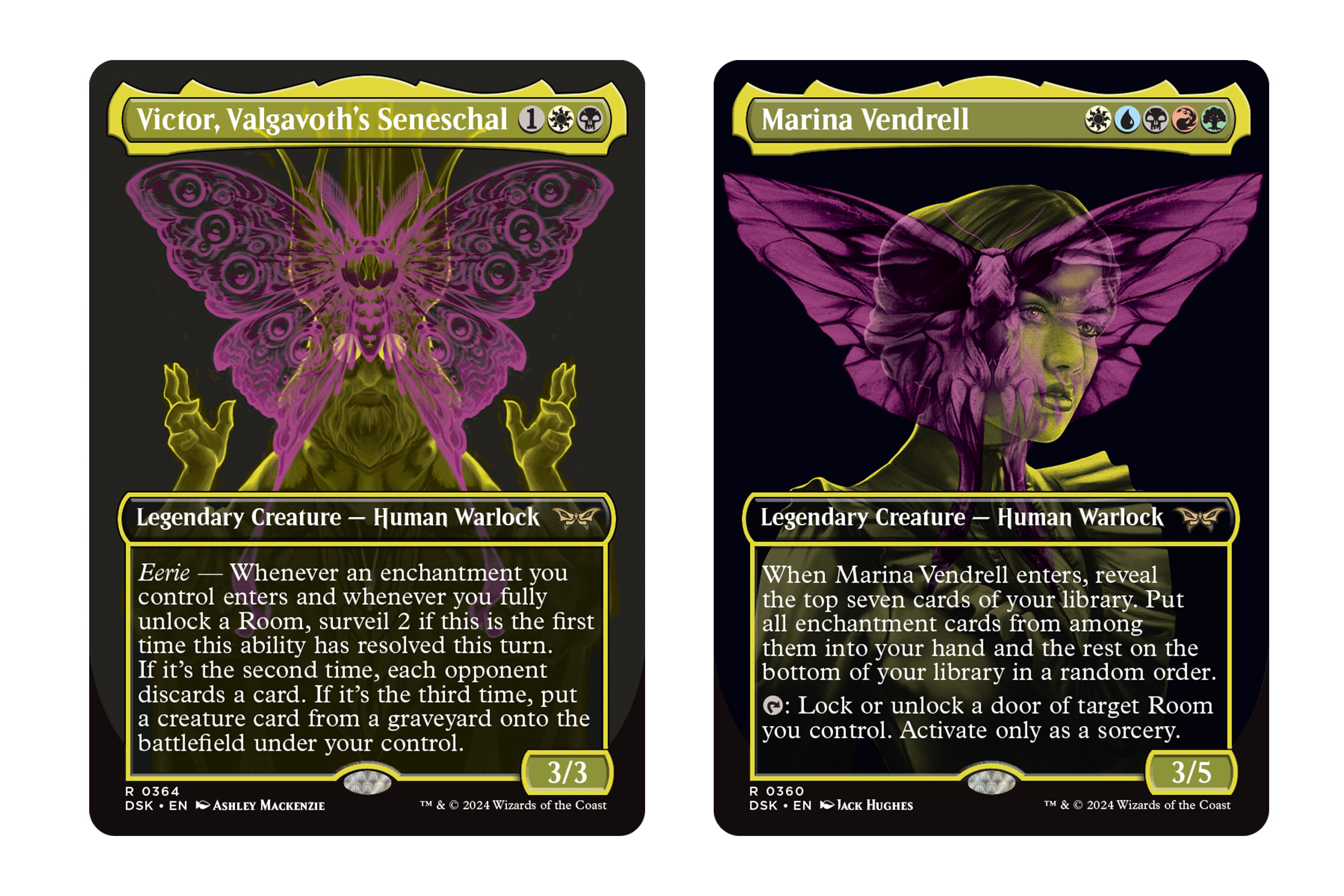 Victor, Valgovoth’s Seneschal and Marina Vendrell in their double exposure art treatments, in yellow and purple.