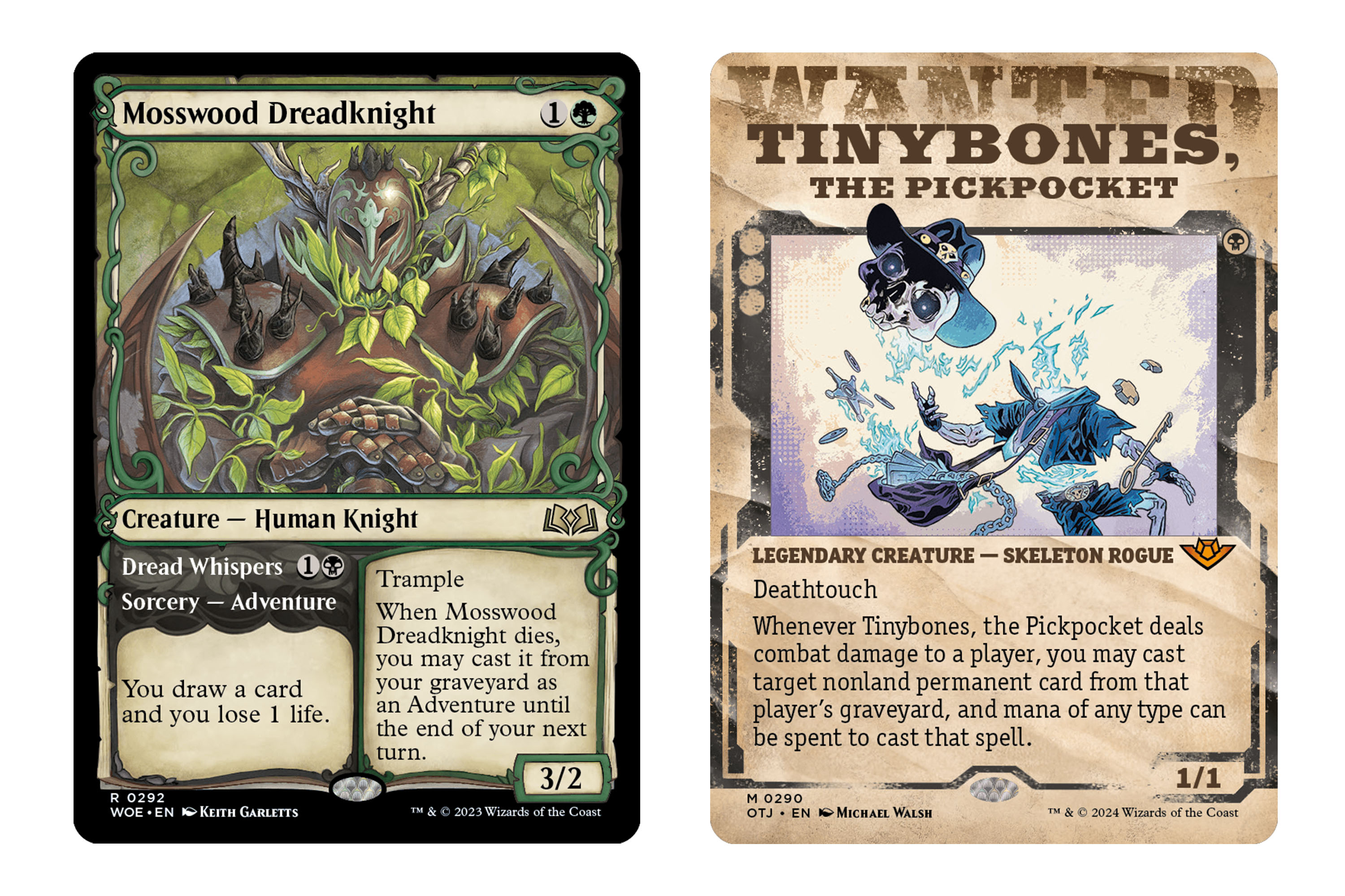 Mosswood Dreadknight and Tinybones, the Pickpocket in their Booster Fun formats from Magic: The Gathering. 