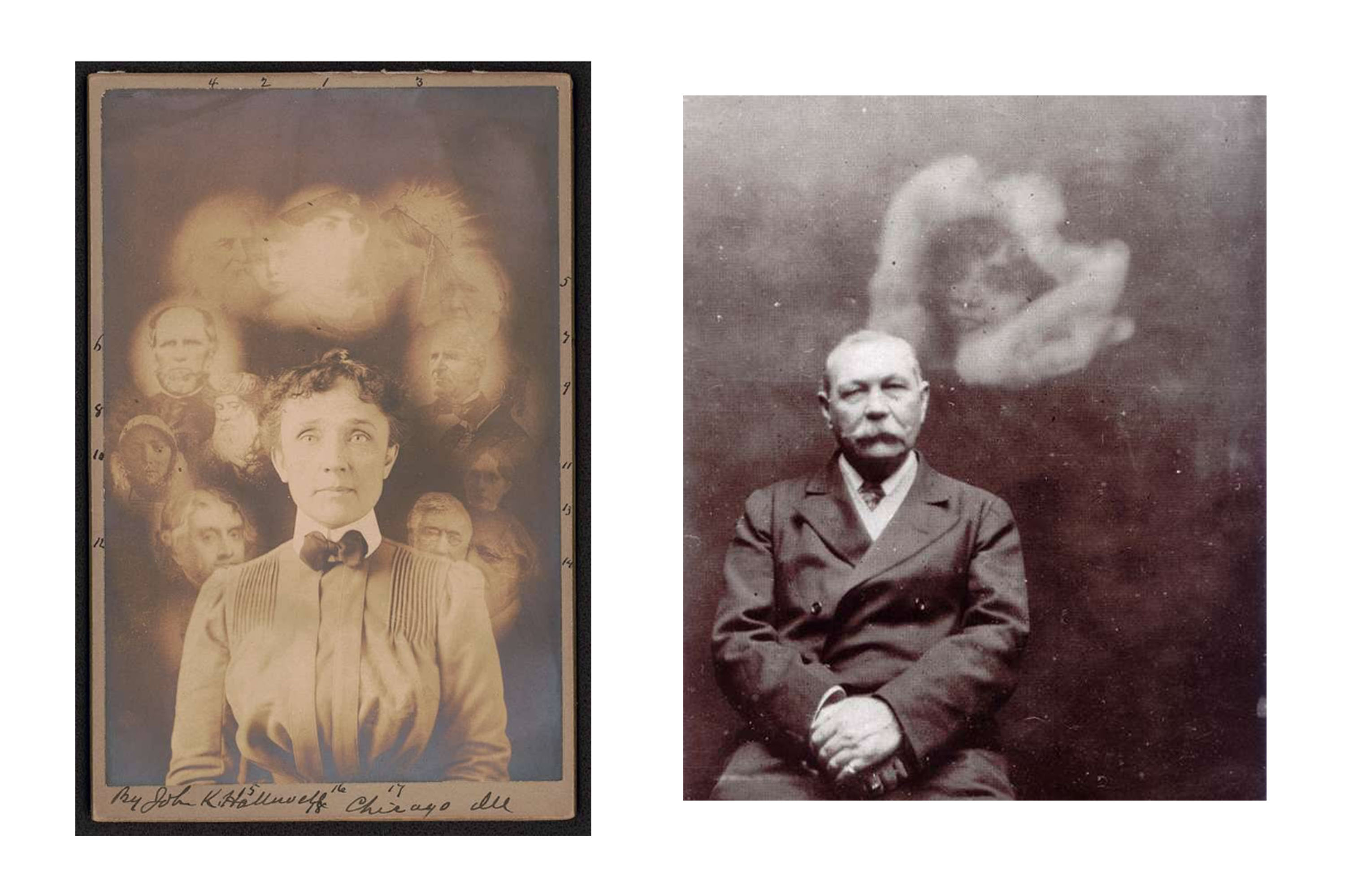 A pair of older, sepia-toned photographs showing two folks from the Georgian English period with spectral images behind them.