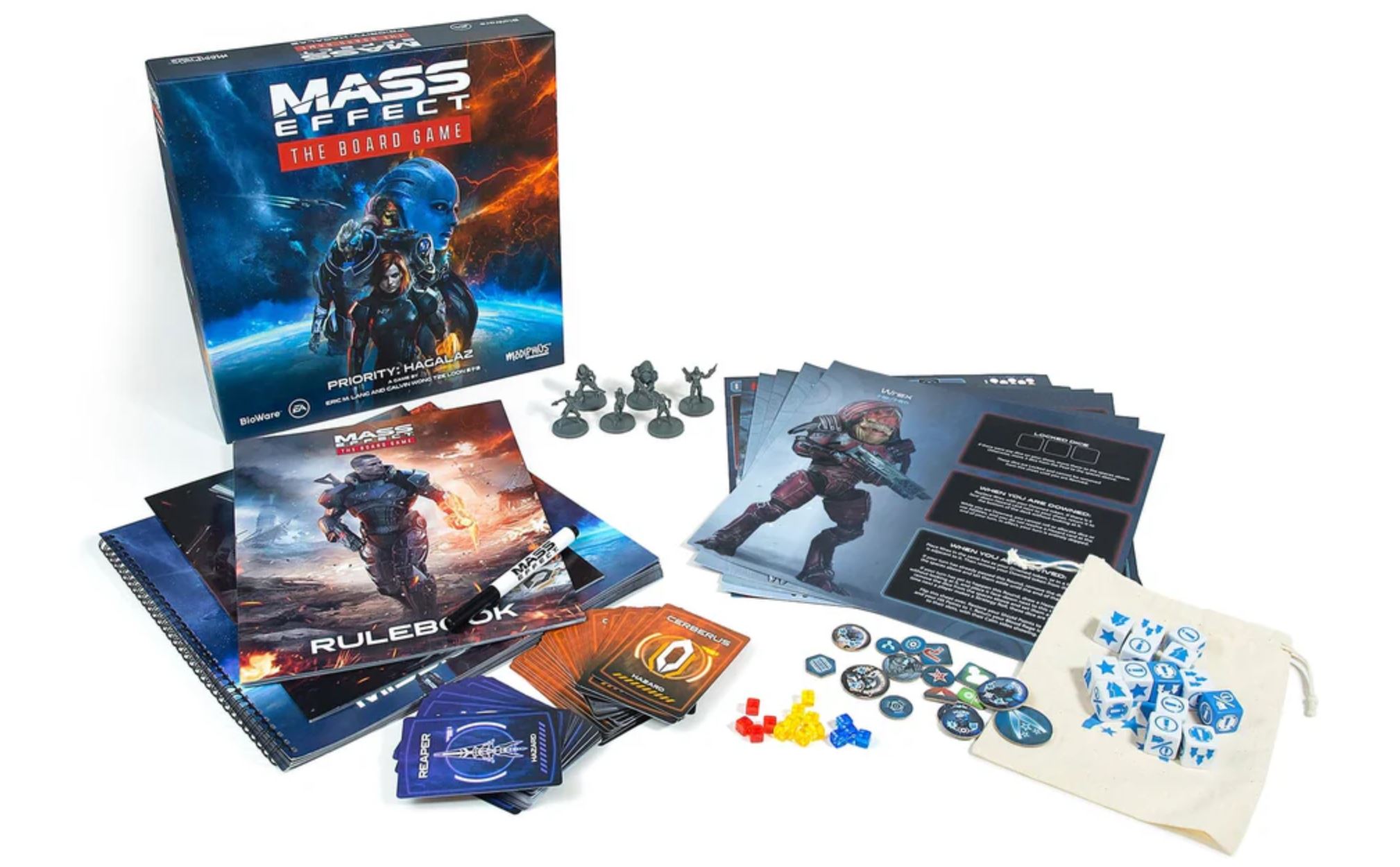 The contents of Mass Effect: The Board Game against a white background.