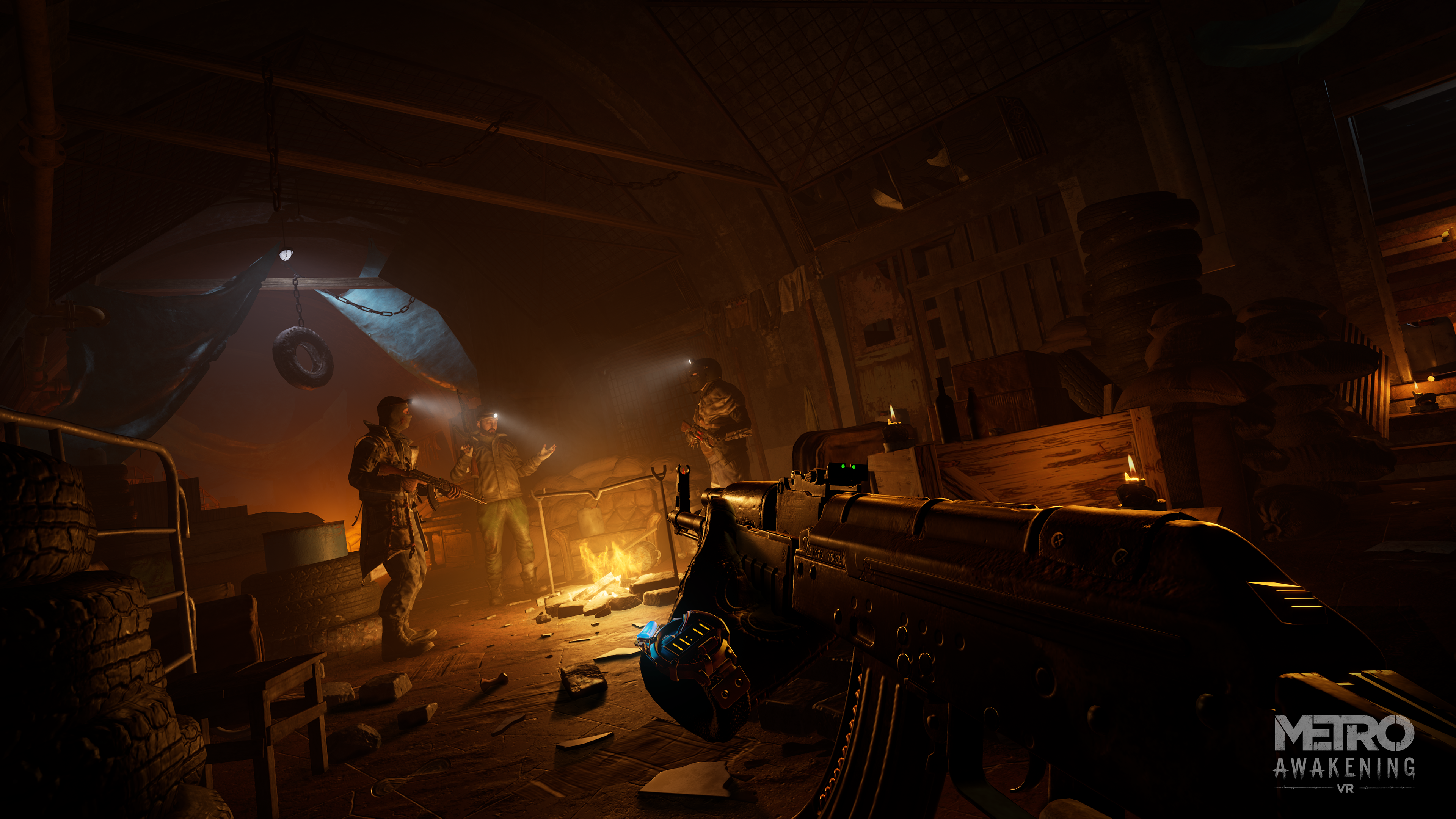 The player, represented by two floating hands in VR, holds an AK-pattern rifle to their chest. The player, represented by two floating hands in VR, holds an AK-pattern rifle to their chest.