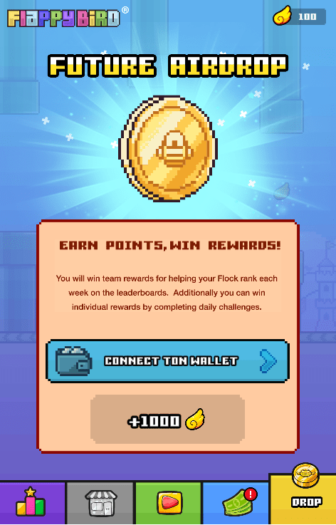 A screenshot of Flappy Bird on Telegram, showing where you can connect your crypto wallet A screenshot of Flappy Bird on Telegram, showing where you can connect your crypto wallet