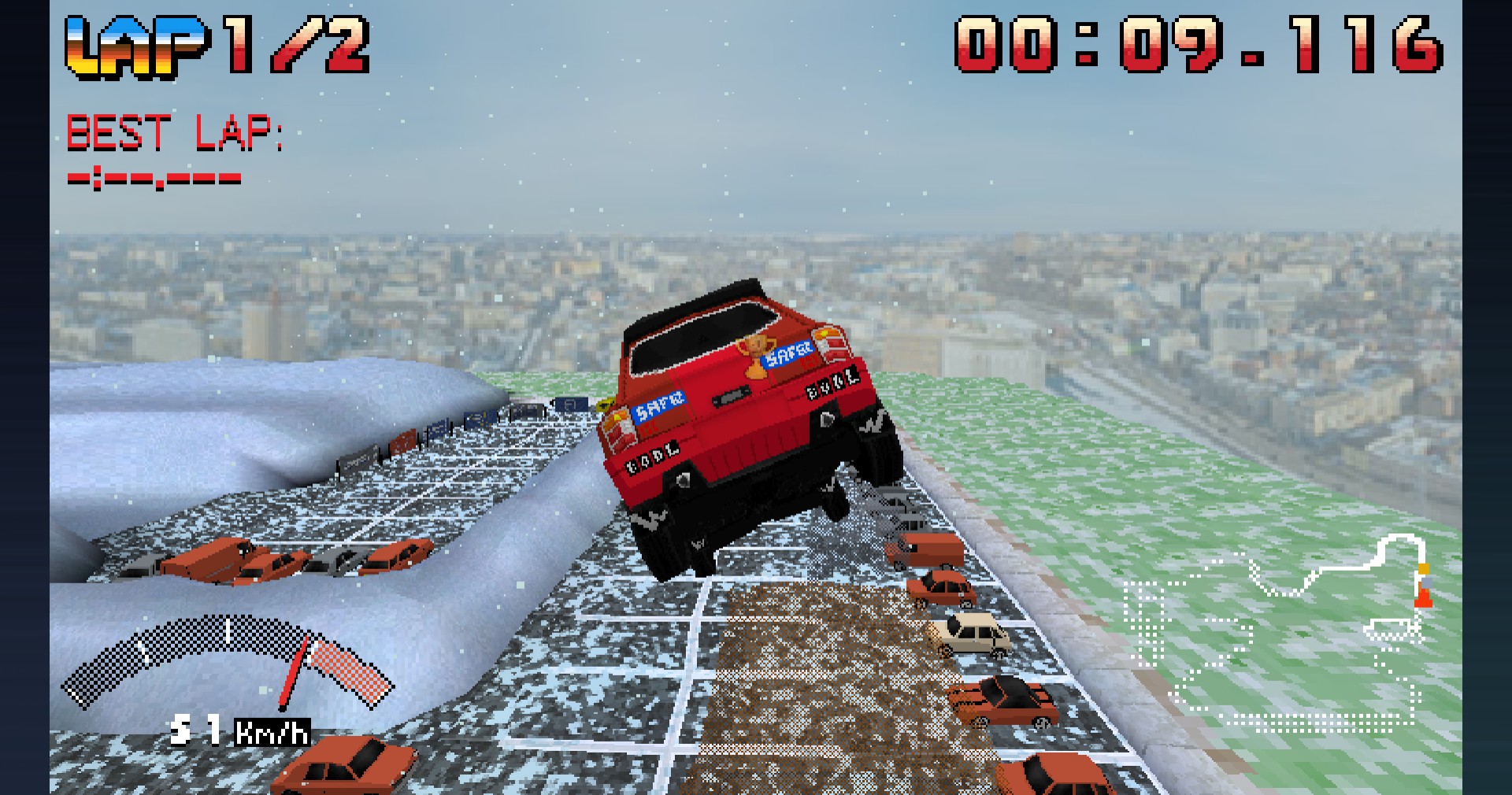 Various screenshots from Parking Garage Rally Circuit, showing off gameplay, available cars, and environments.