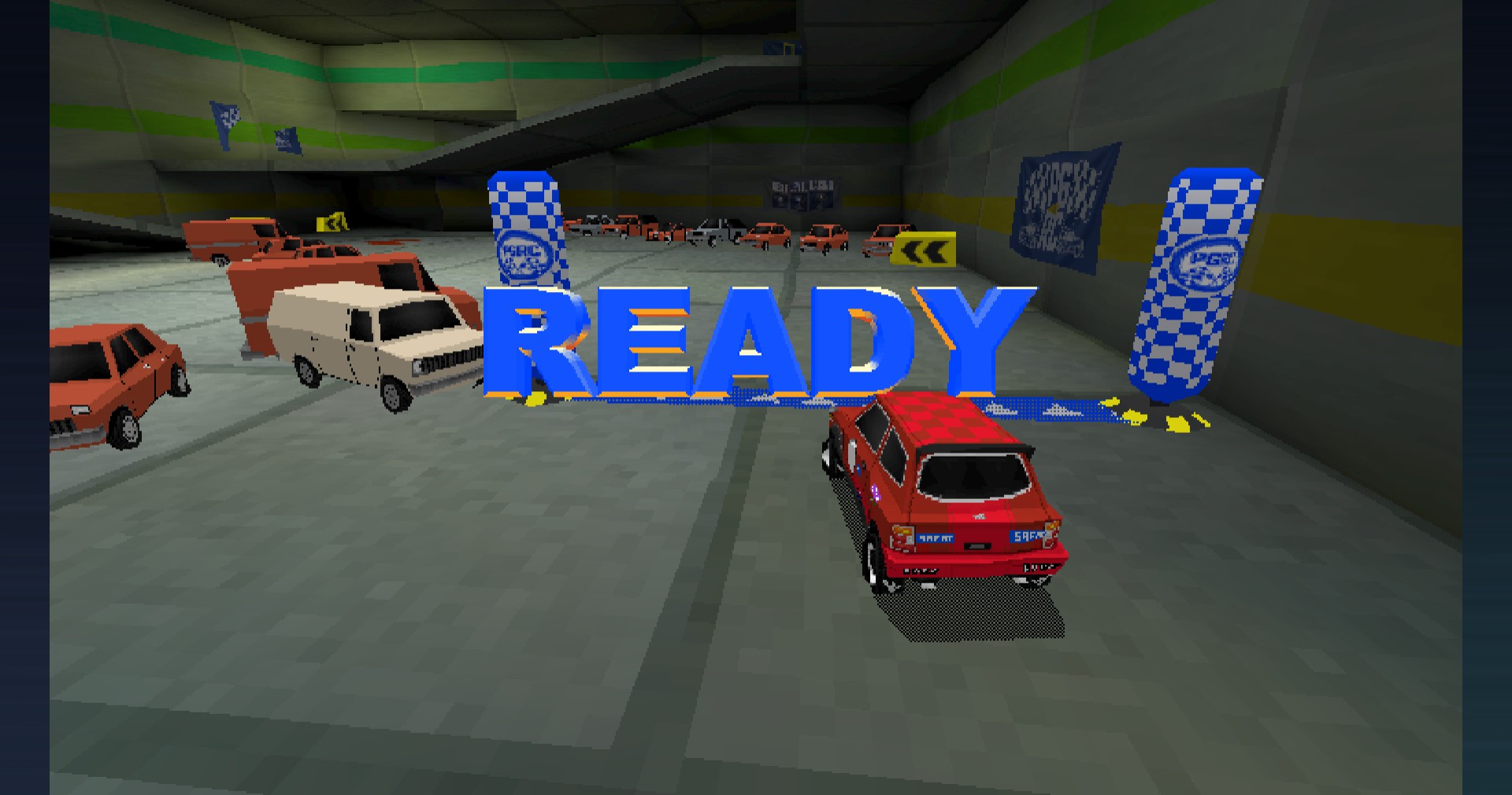 Various screenshots from Parking Garage Rally Circuit, showing off gameplay, available cars, and environments.