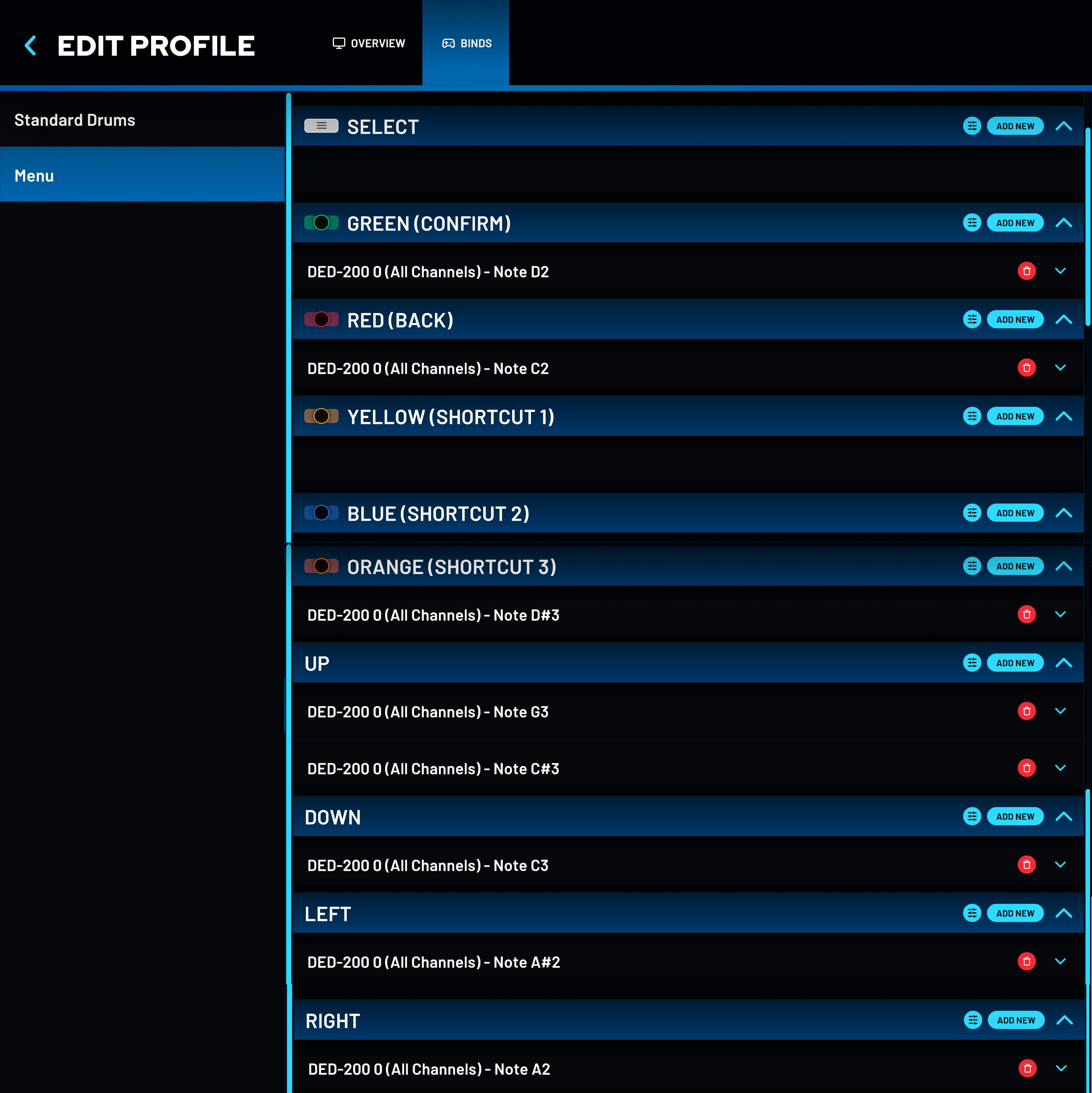 YARG drum and menu binding settings menu.