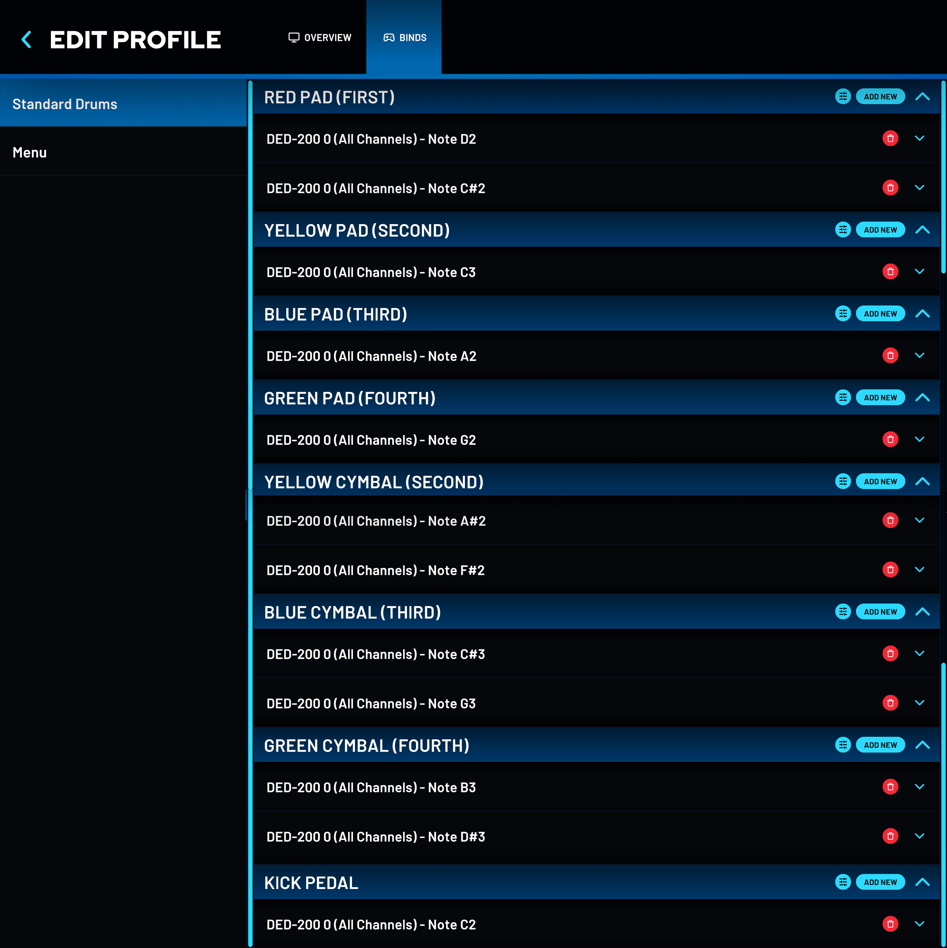 YARG drum and menu binding settings menu.