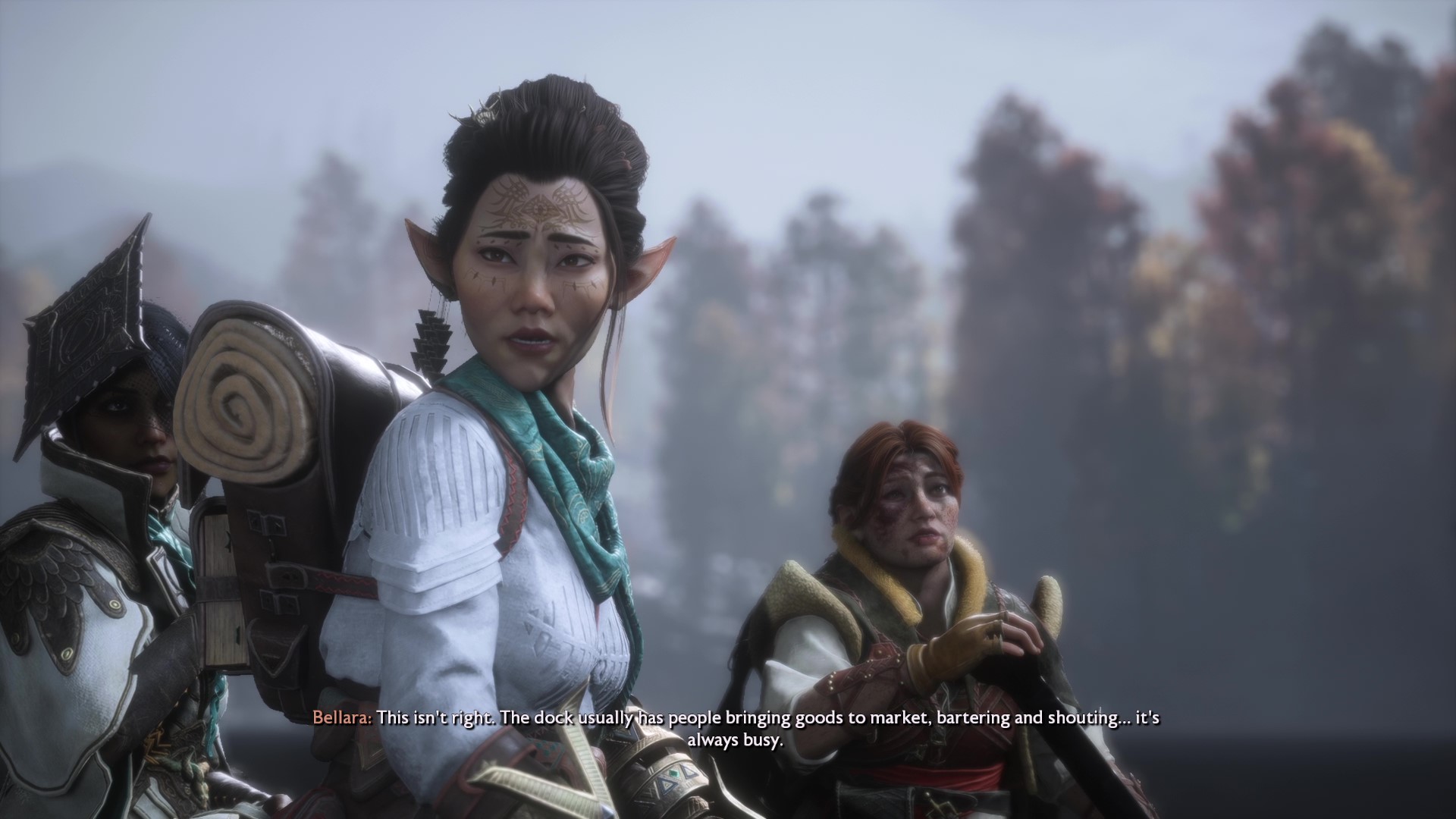 Dragon Age: The Veilguard - Bellara rides on a small boat, looking concerned, and says 