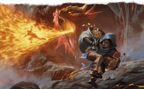 A Rogue grabs a treasure chest and a sack of gold as their party member gets roasted by a dragon