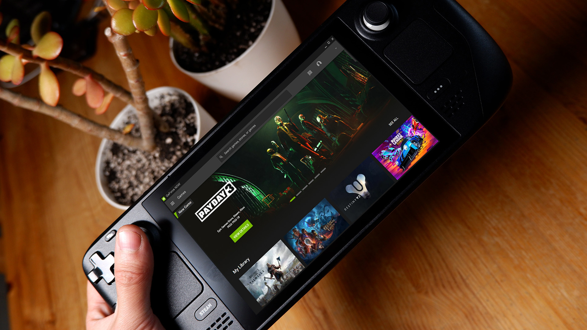 Valve Steam Deck with GeForce Now app overlaid on screen.