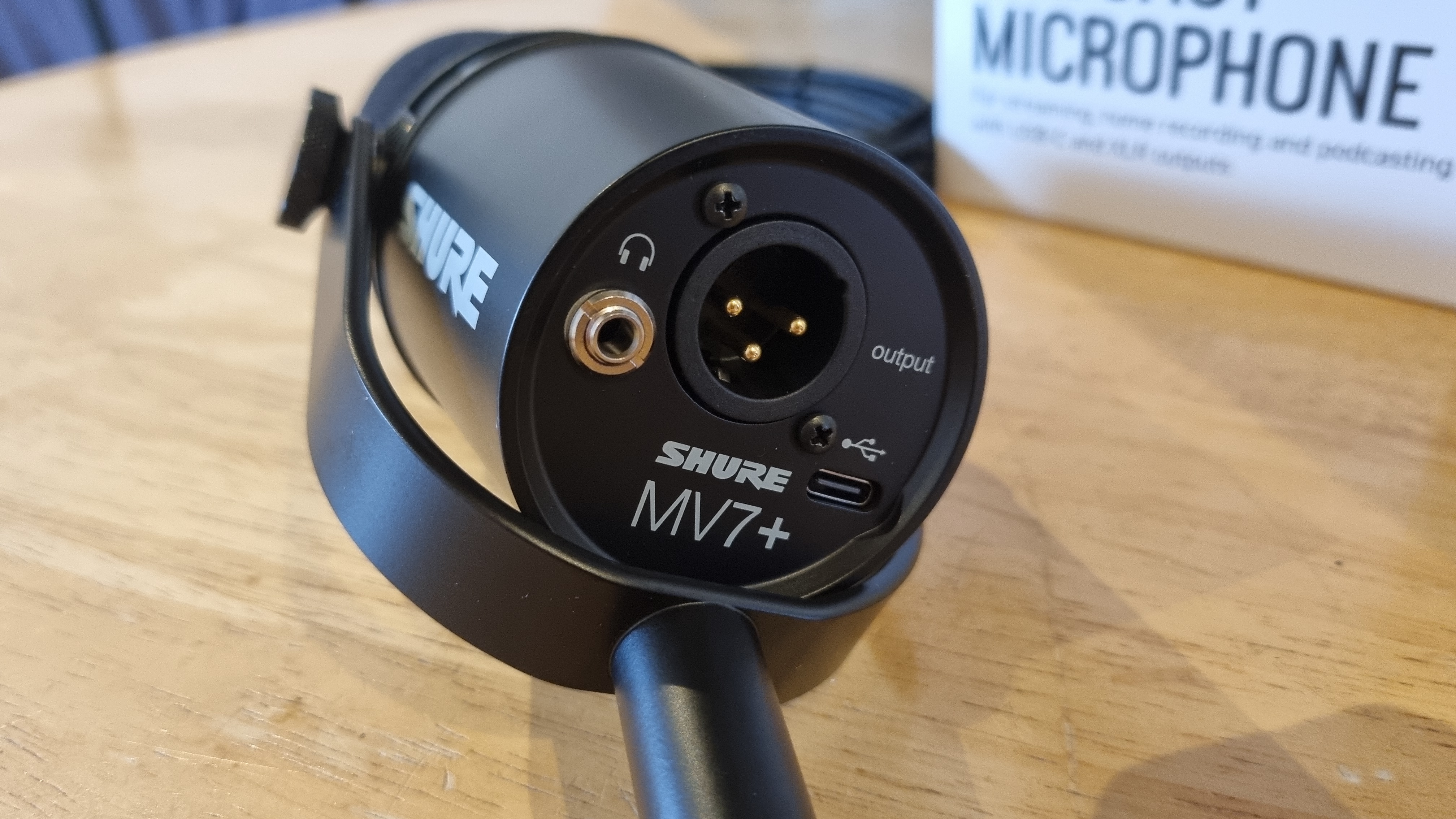 The rear of the Shure MV7 Plus Podcast Microphone, showing the USB Type-C and XLR outputs