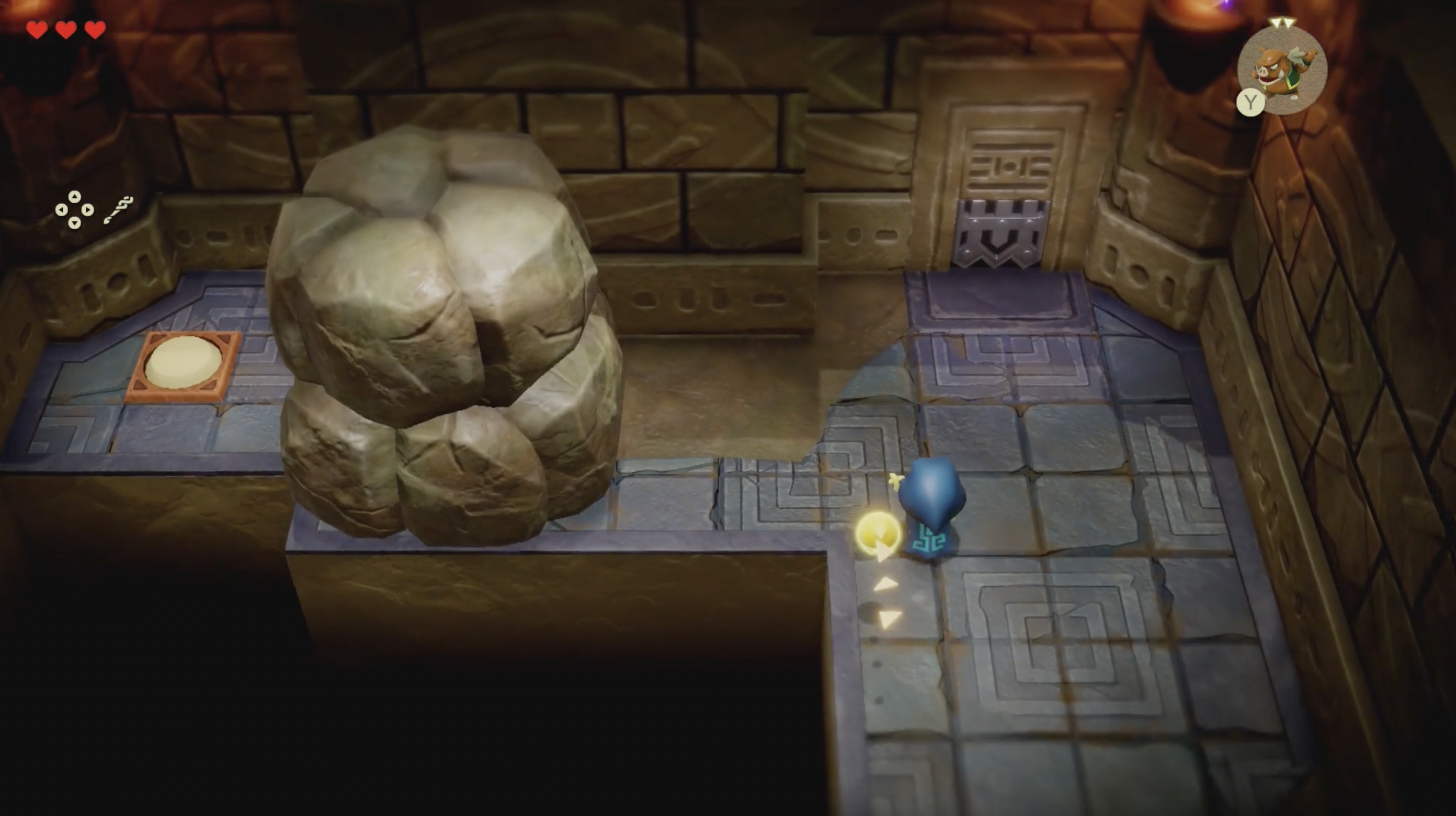 Zelda approaches a giant boulder and learns Bind in Suthorn Ruins in Echoes of Wisdom