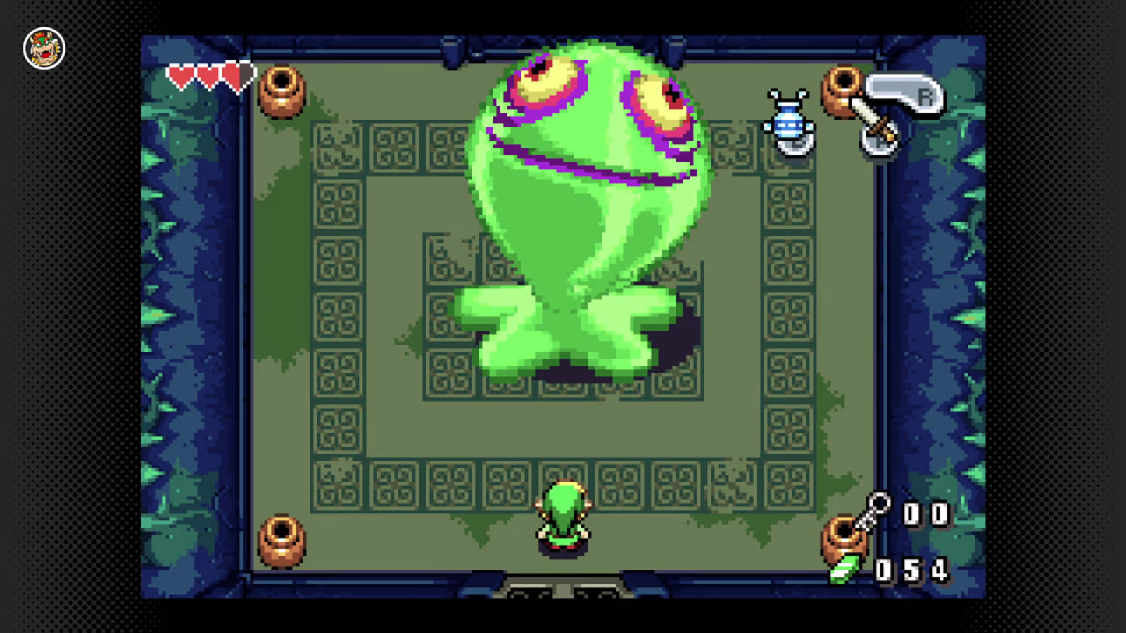 Link encounters the boss of Deepwood Shrine, Big Green Chu Chu in The Minish Cap Link encounters the boss of Deepwood Shrine, Big Green Chu Chu in The Minish Cap