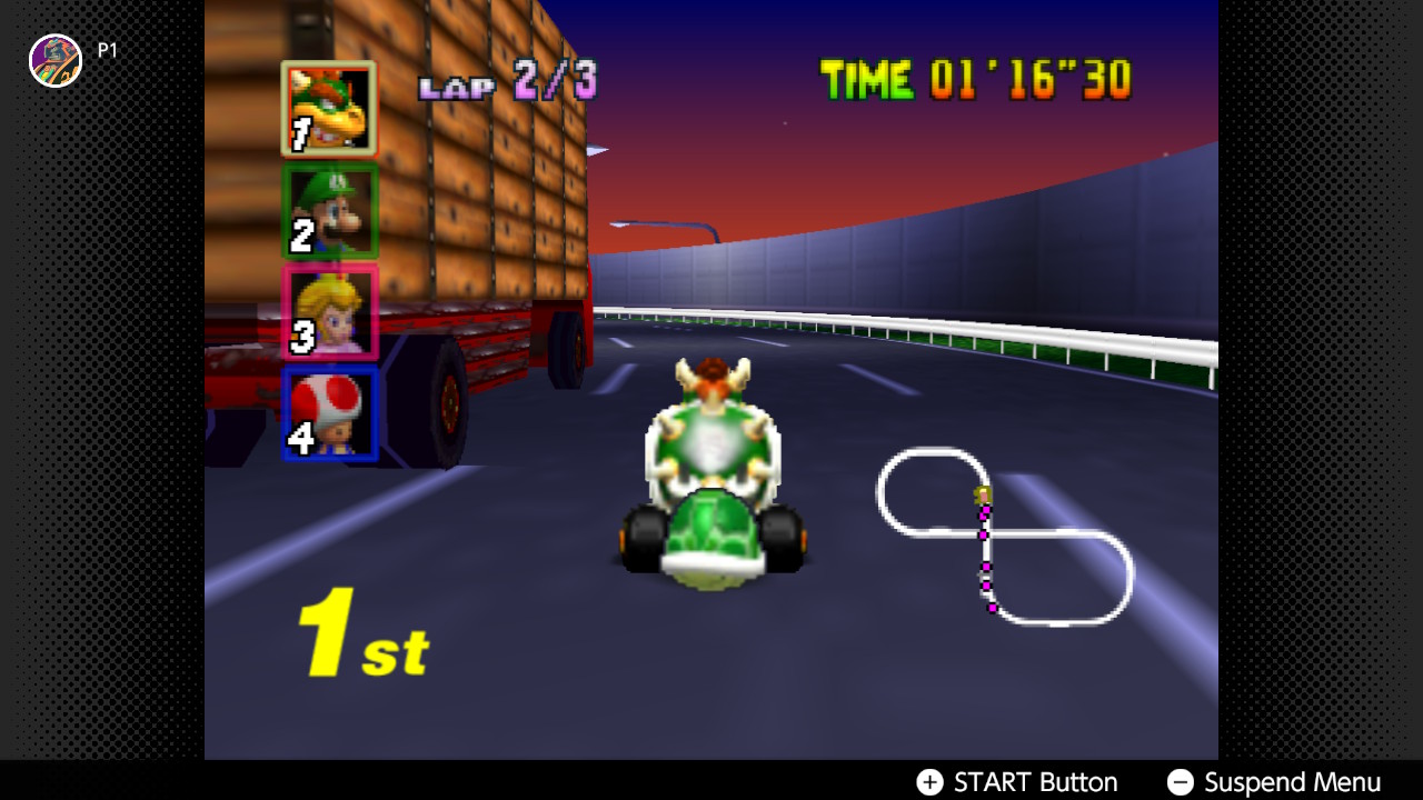 Bowser races on the streets in Mario Kart 64 Bowser races on the streets in Mario Kart 64