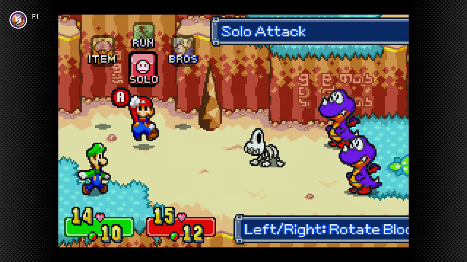 Mario and Luigi encounter a group of enemies on a beach in Mario & Luigi: Superstar Saga Mario and Luigi encounter a group of enemies on a beach in Mario & Luigi: Superstar Saga
