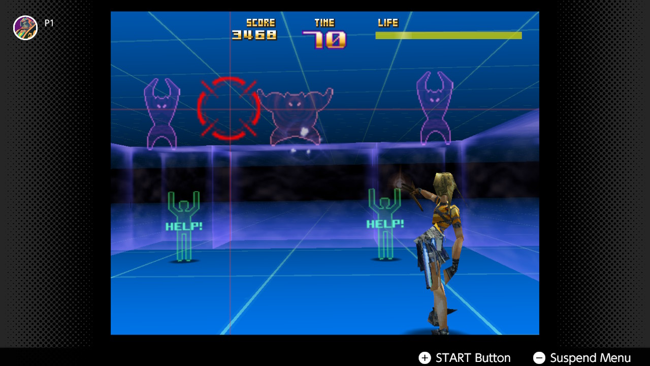 The player shoots at training dummies in Sin & Punishment The player shoots at training dummies in Sin & Punishment