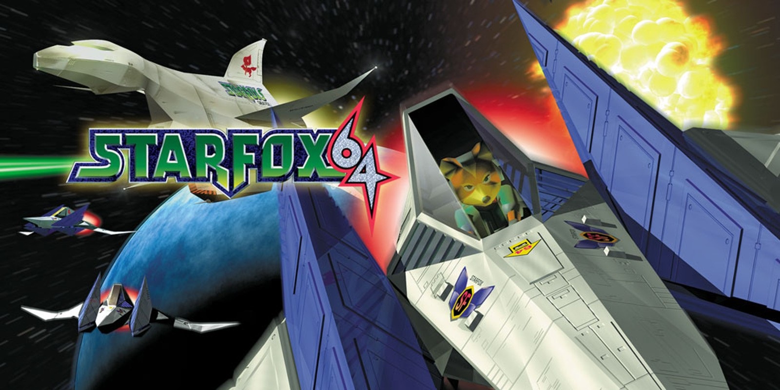 Cover image for Star Fox 64, with the titular Star Fox flying his spaceship as explosions and other ships surround him Cover image for Star Fox 64, with the titular Star Fox flying his spaceship as explosions and other ships surround him