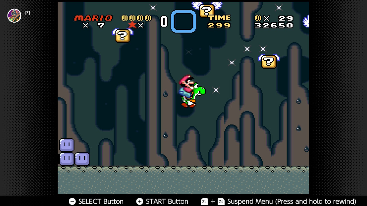 Mario, riding Yoshi, jumps through a cave in Super Mario World Mario, riding Yoshi, jumps through a cave in Super Mario World