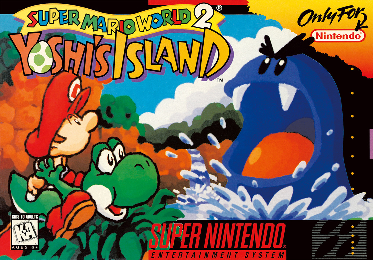 Cover art for Super Mario World 2: Yoshi’s Island, with baby Mario on top of a Yoshi and a big blue angry blob Cover art for Super Mario World 2: Yoshi’s Island, with baby Mario on top of a Yoshi and a big blue angry blob