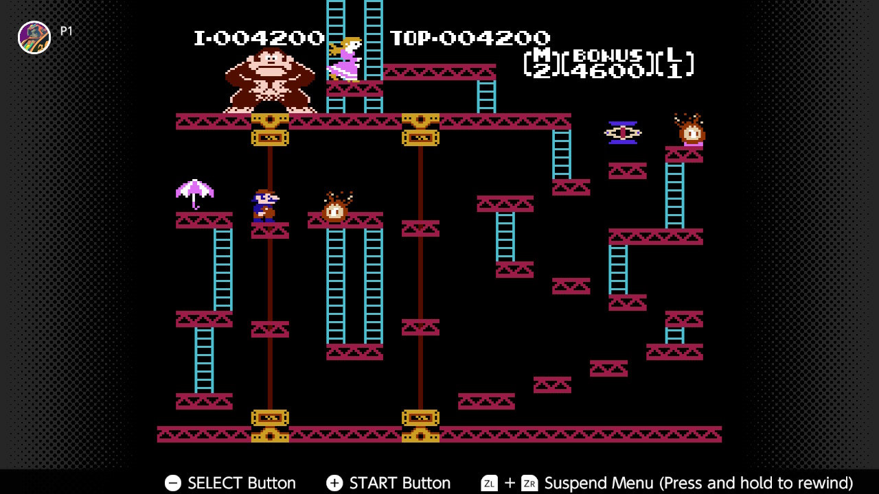 Mario battles Donkey Kong in the original Donkey Kong arcade game, ported to NES Mario battles Donkey Kong in the original Donkey Kong arcade game, ported to NES