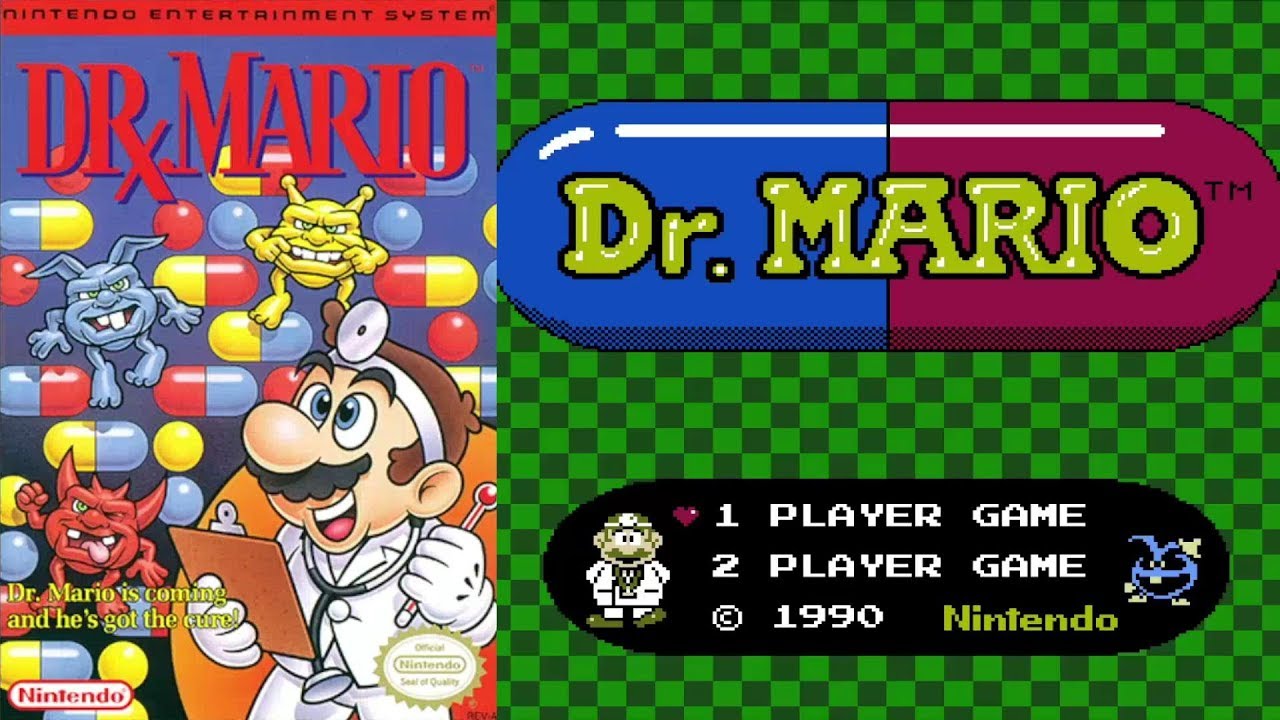 Title screen for Dr. Mario, with the game’s box art on the side Title screen for Dr. Mario, with the game’s box art on the side