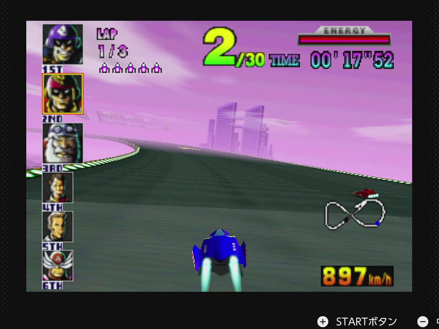 A screenshot of F-Zero X, with the user in second place out of 30 on the first of three laps on a figure 8 track. A screenshot of F-Zero X, with the user in second place out of 30 on the first of three laps on a figure 8 track.