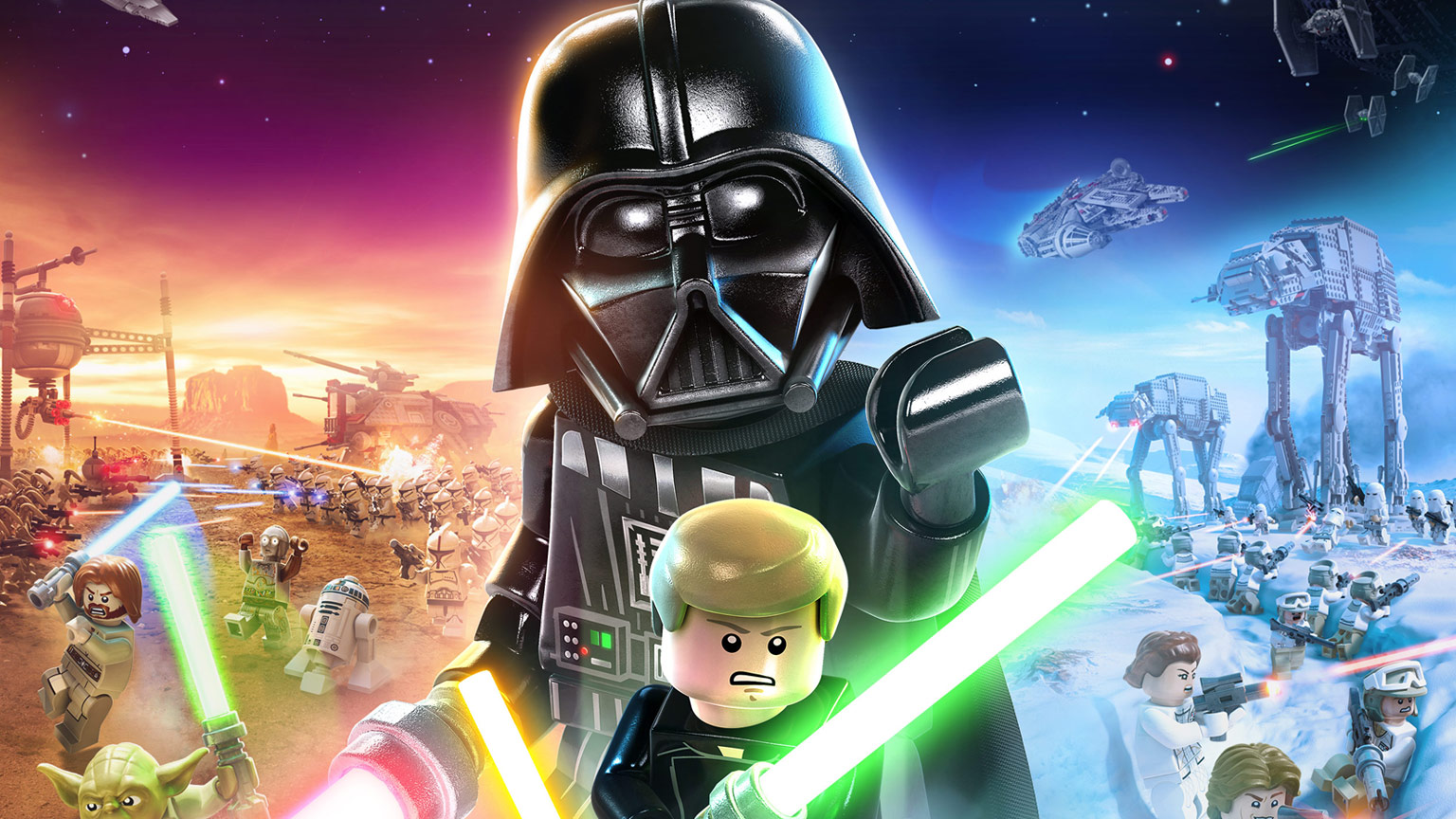 cover art showing the Lego-styled rendering of various Star Wars movie posters, with a large Lego Darth Vader and Luke Skywalker at center