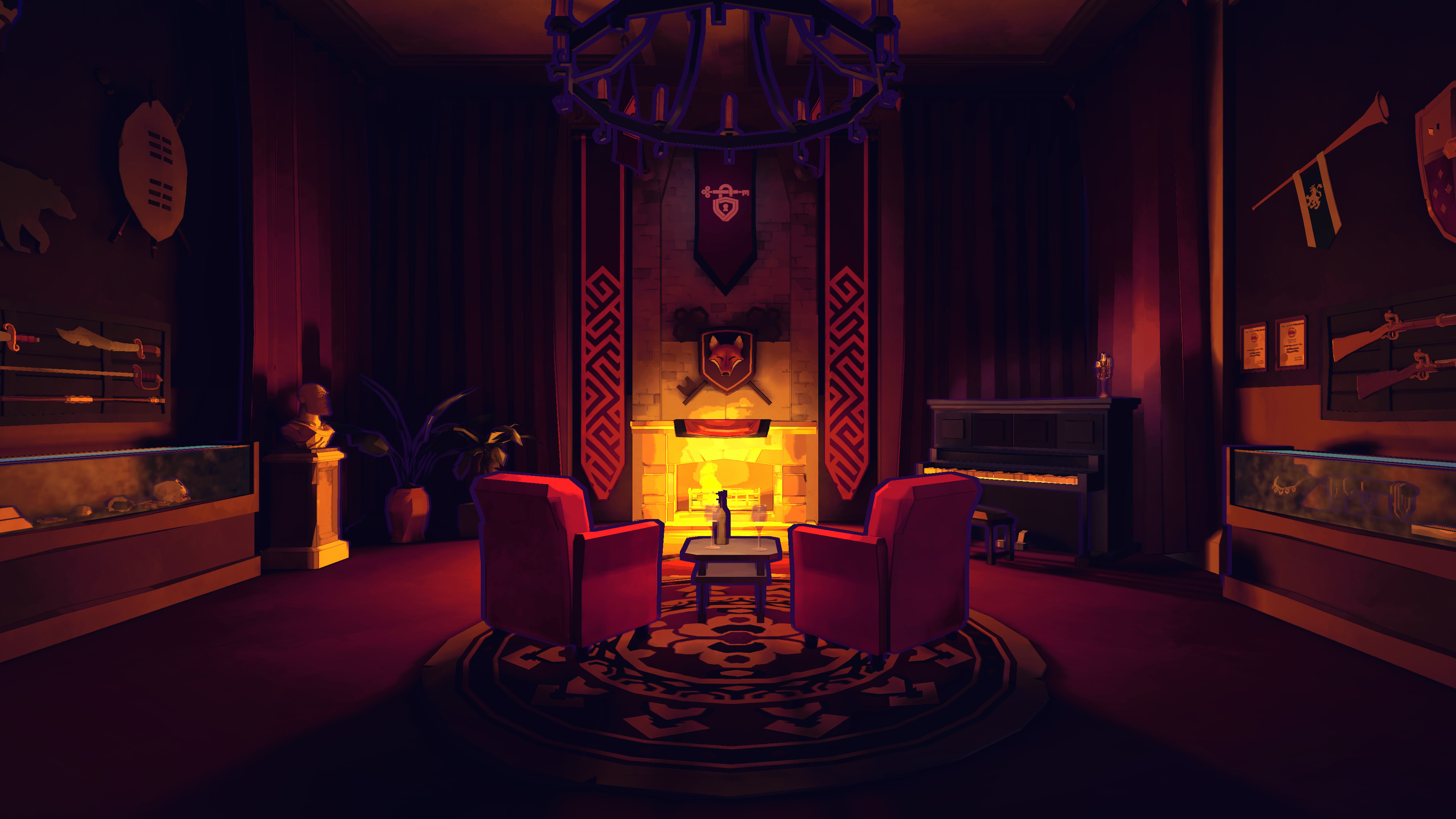 A screenshot from Escape Academy, showing a fireplace and two cozy armchairs, inside what appears to be a library.