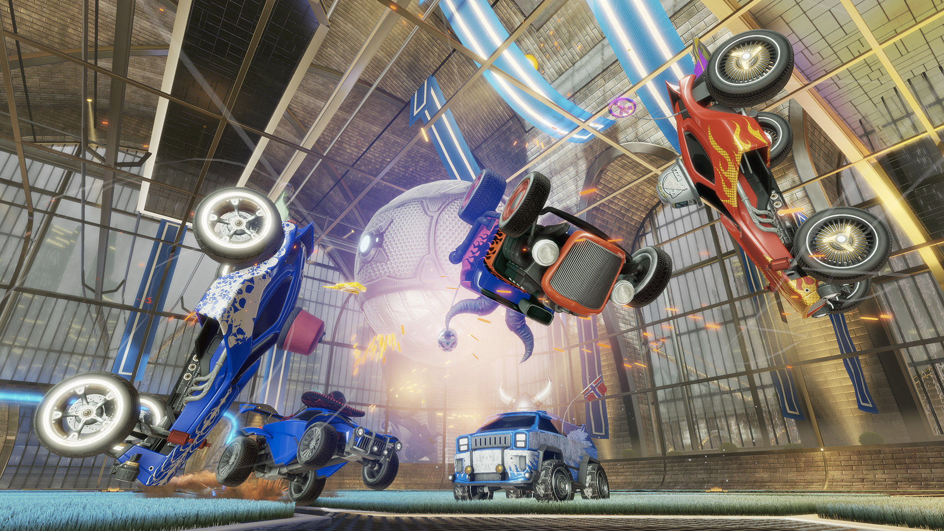 Giant, rocket-powered cars flying through the air, with a large soccer ball in the middle.