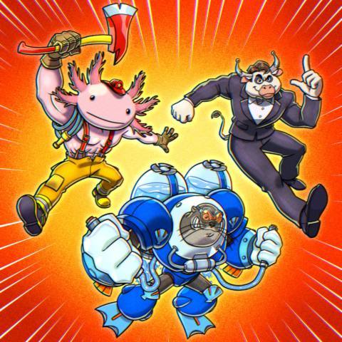 A Charolais cow, a firefighter axolotl, and a Navy Seal seal jump into action in promo art for The Adventure Zone’s Abnimals