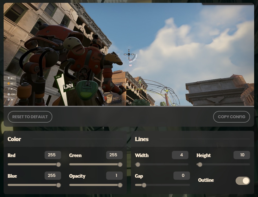 The front page of deadlockcrosshair.com, showing various settings and sliders for crosshair customization