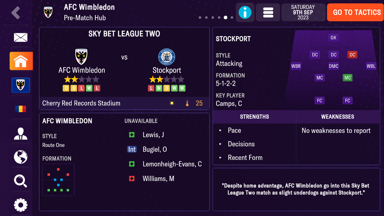 A menu from Football Manager 2024 Mobile which shows a match between AFC Wimbledon and Stockport in League Two