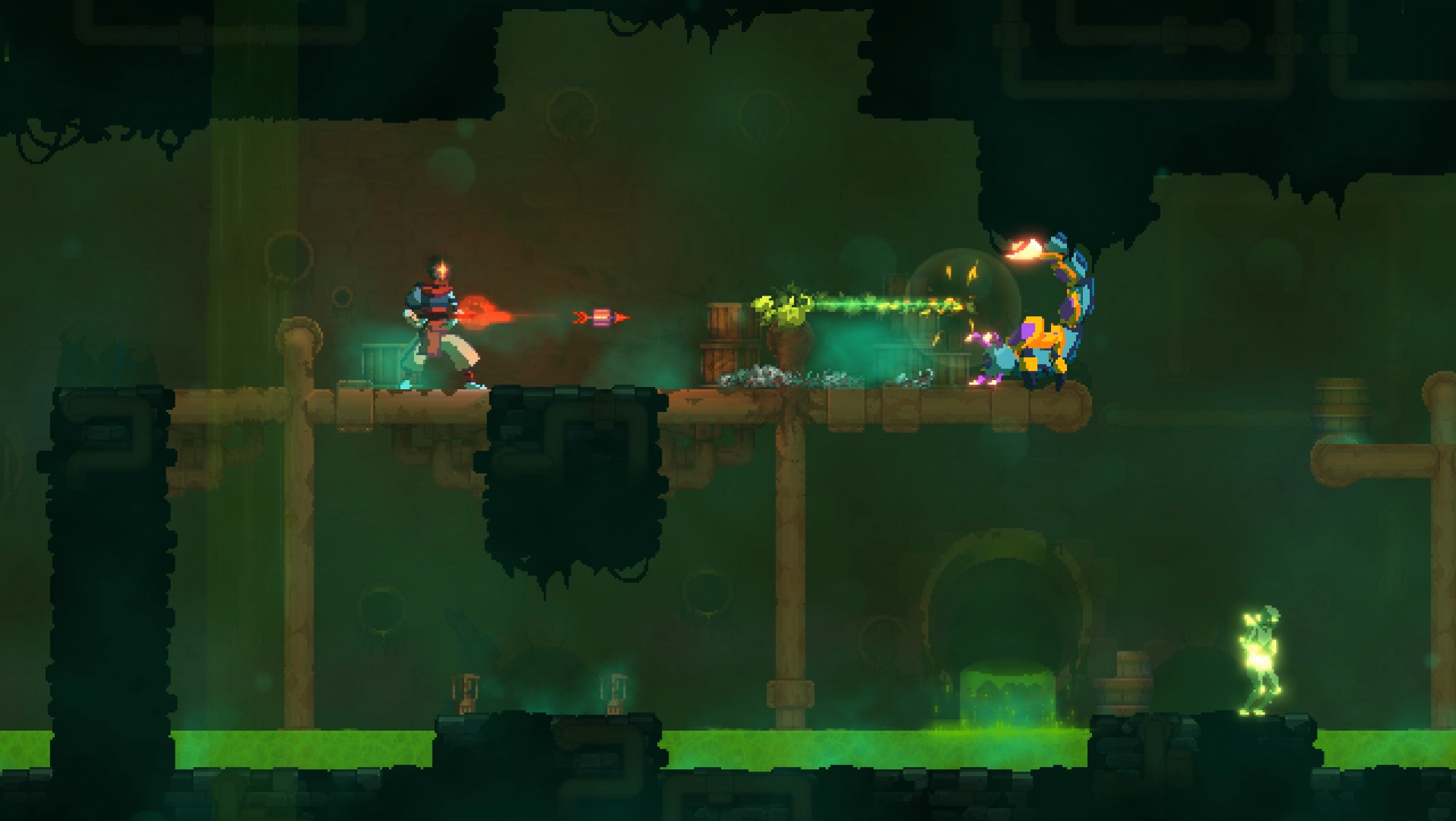 A character from Dead Cells’ 2D environment shoots at an enemy 