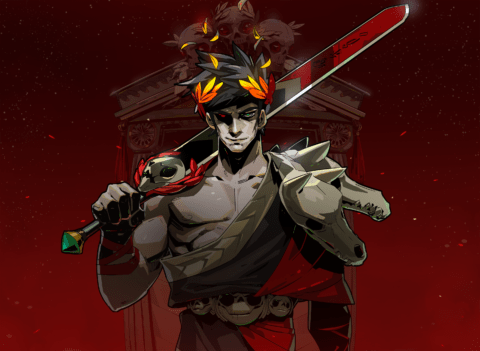 Zagreus in Hades standing with a sword in front of a big building and a red background