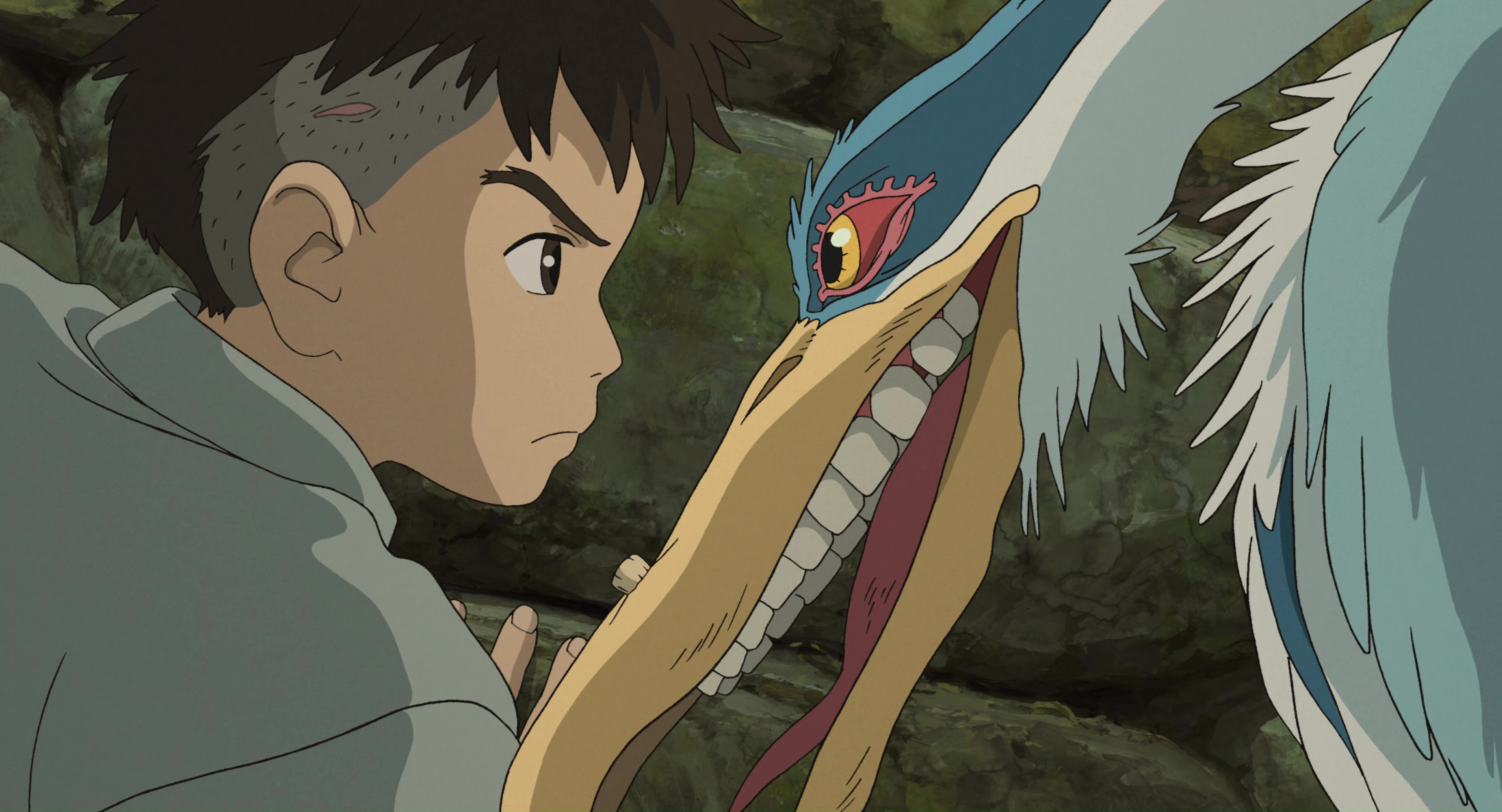 A boy with a visible scar on his head stares sternly at a leering bird with visible teeth in The Boy and the Heron.